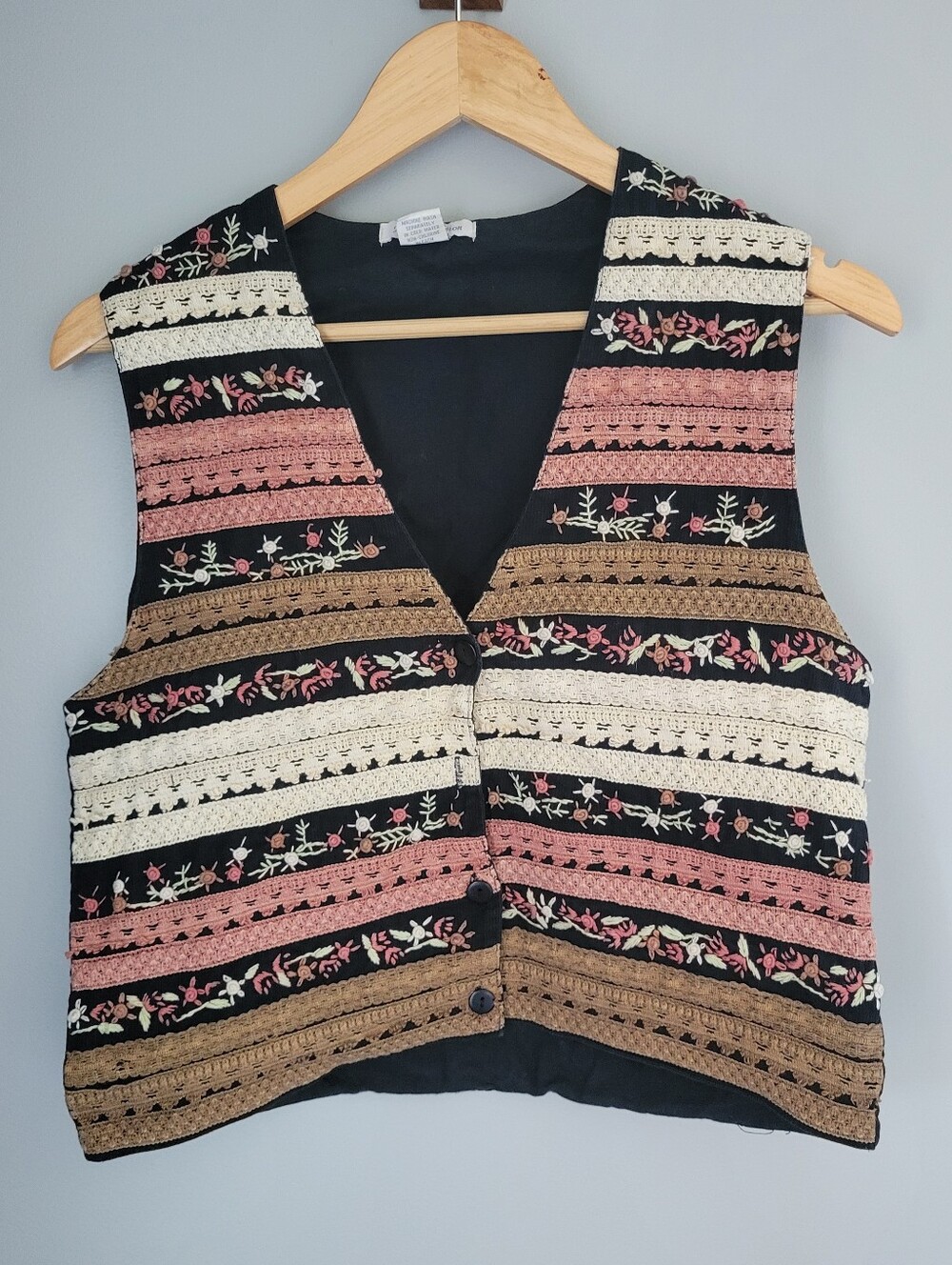 Vintage Embroidered Vest New Directions Size M Floral Stripes - Missing Button